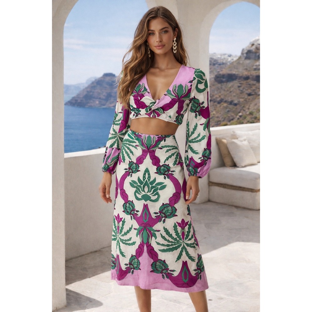 Caroline Constas 2 Piece Crop Top & Midi Skirt Set NWT Pink Green Medium - Picture 1 of 10